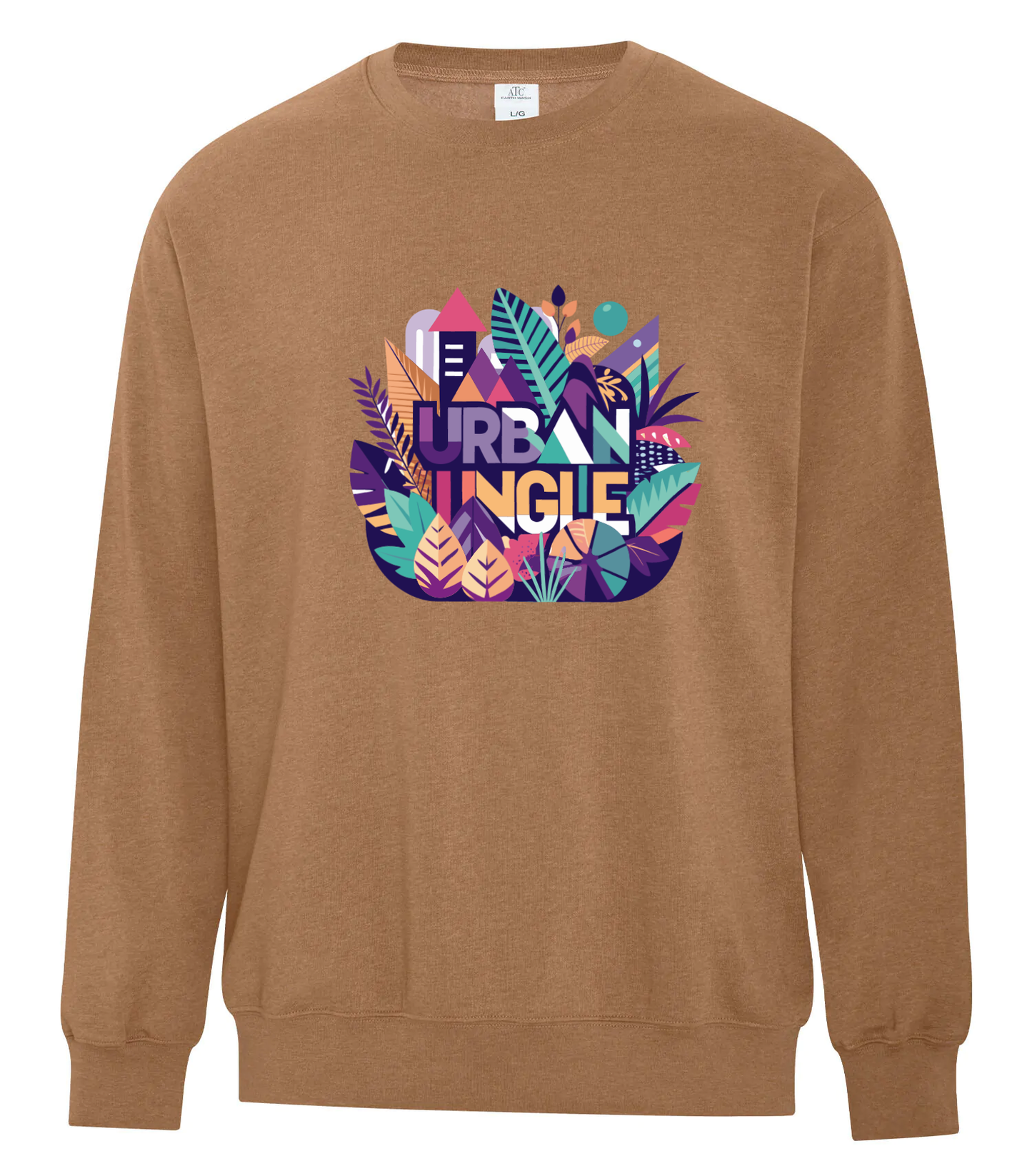Brown crewneck sweatshirt with a vibrant 'Urban Jungle' graphic design on the chest, featuring colorful tropical leaves, geometric shapes, and cityscape elements