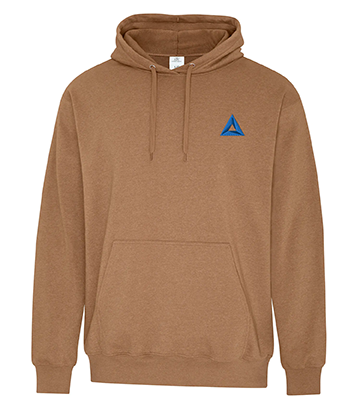 ATC Earth Wash Tourbillon fleece hoodie in light brown, featuring a front kangaroo pocket, drawstring hood, and a blue triangle logo on the left chest.