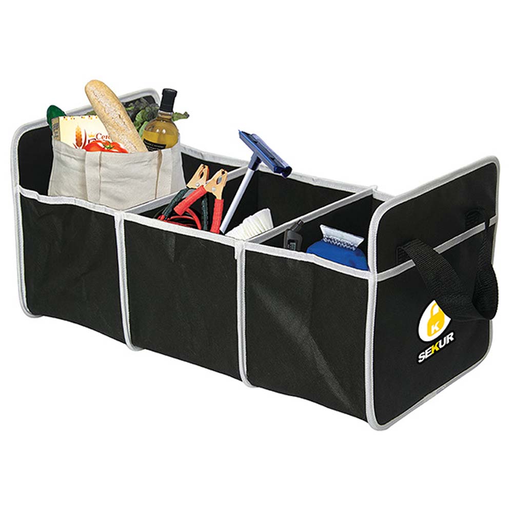 Black and Grey Trunk Organizer with Three Compartments and Custom Logo.