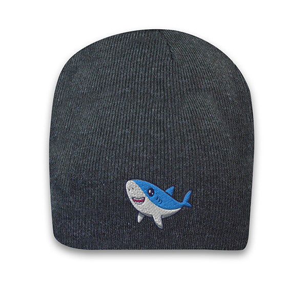 Charcoal grey acrylic knit beanie featuring a cute embroidered cartoon shark logo on the front.
