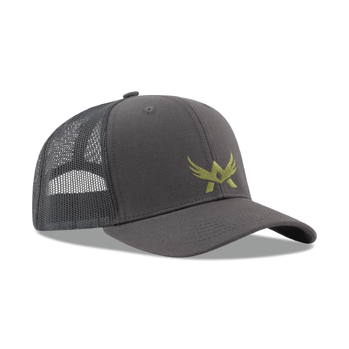 Charcoal 6 Panel Constructed Cotton Twill Mesh Back Pro Style Cap featuring logo embroidery in a greenish hue on the front.