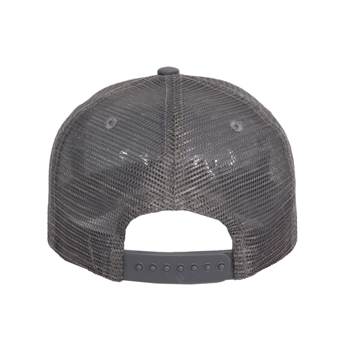 Back view of grey mesh cap with adjustable snapback closure