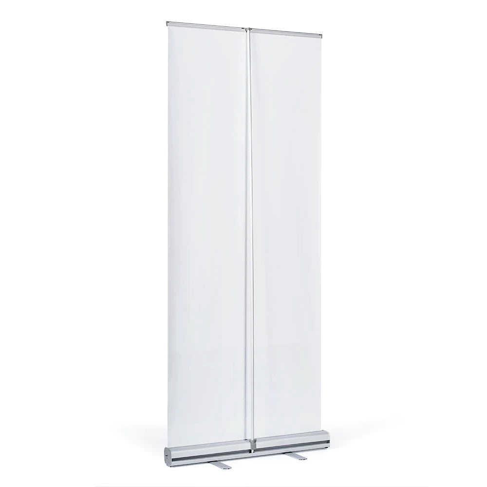 Back view of full-size pull-up banner with silver base and support pole