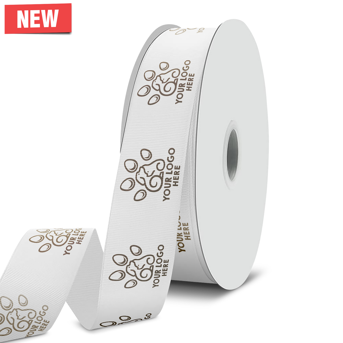 Roll of custom white ribbon featuring a printed brown logo and the text "YOUR LOGO HERE"