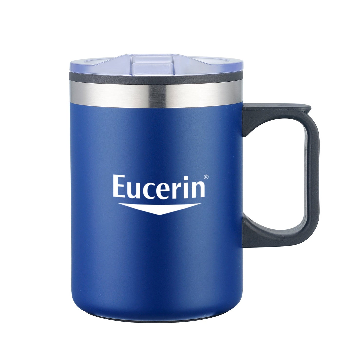 Blue stainless steel mug with black handle and clear lid, featuring Eucerin logo on the front.