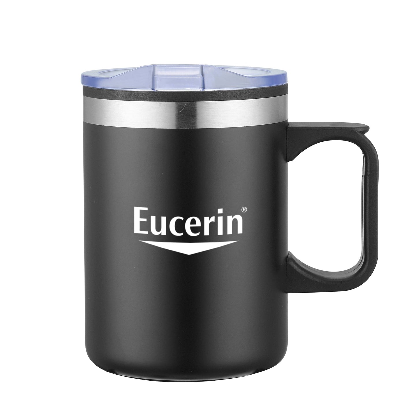 Black stainless steel mug with black handle and clear lid, featuring Eucerin logo on the front.