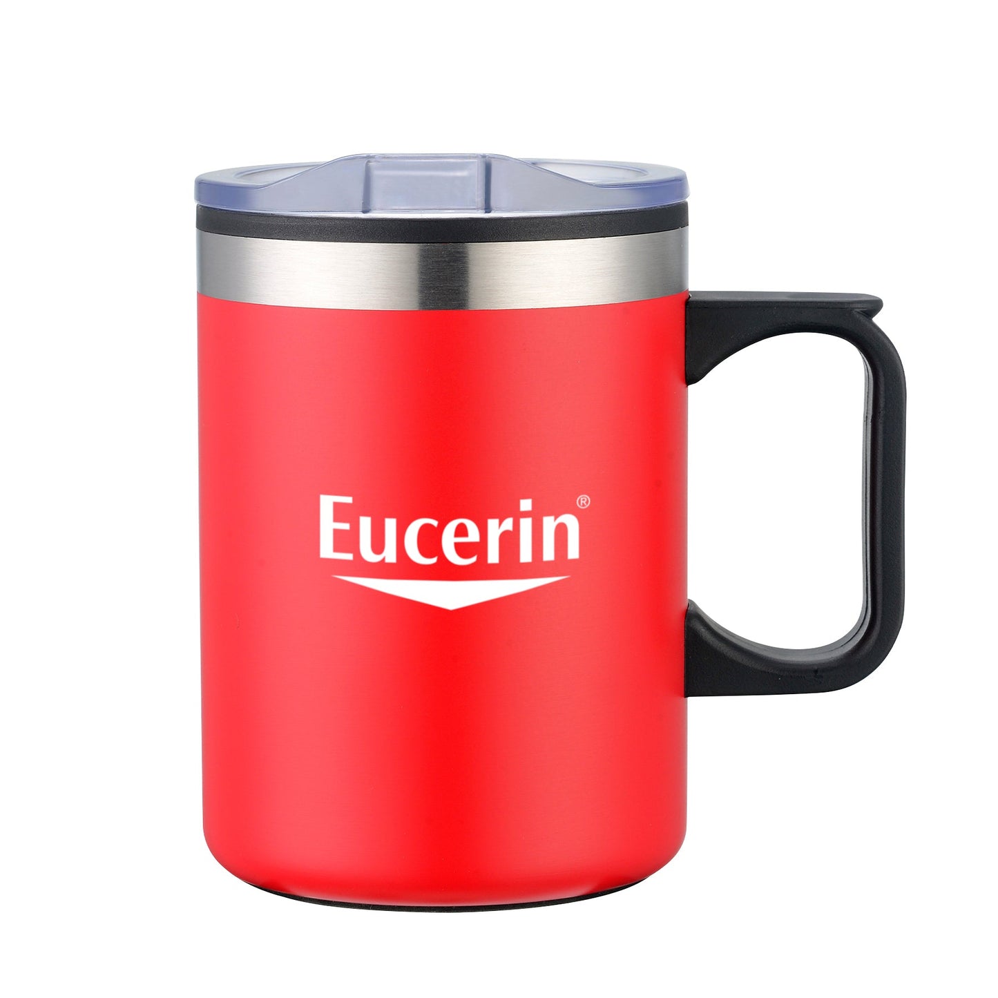 Red stainless steel mug with black handle and clear lid, featuring Eucerin logo on the front.