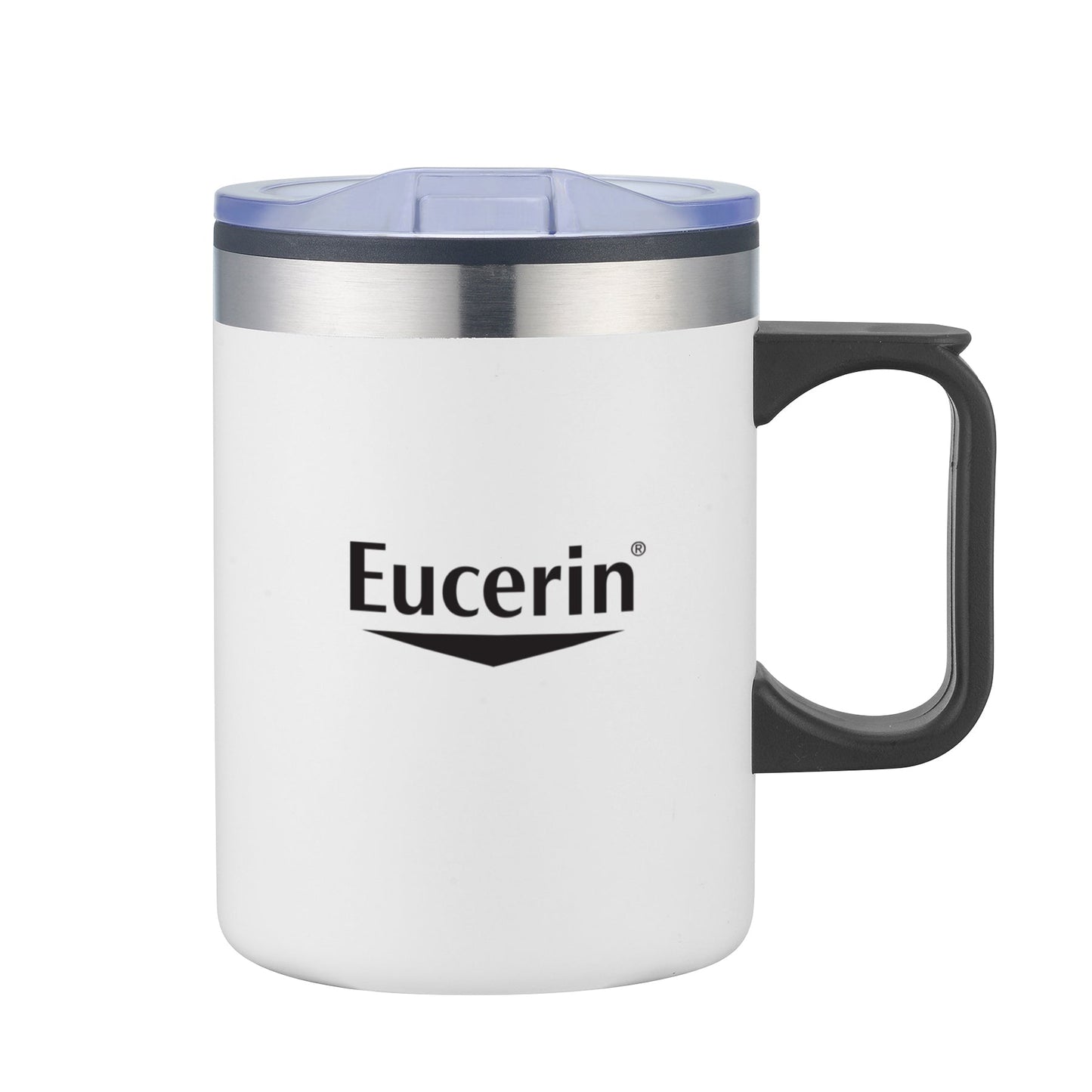 White stainless steel mug with black handle and clear lid, featuring Eucerin logo on the front.