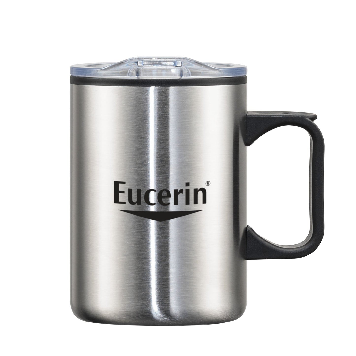 Silver stainless steel mug with black handle and clear lid, featuring Eucerin logo on the front.
