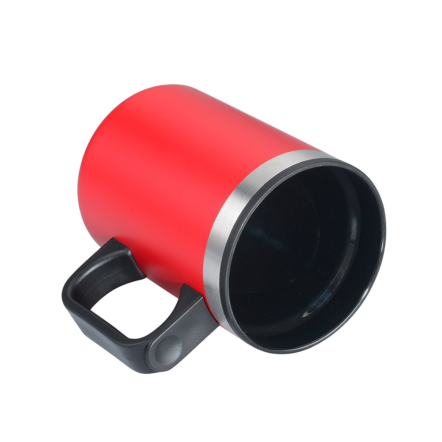 Red stainless steel mug with black handle and silver rim, shown angled with open top