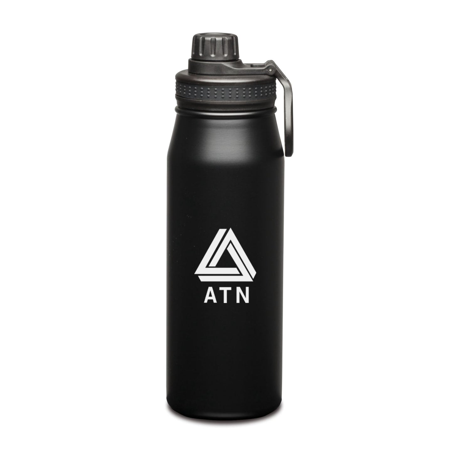 Black stainless steel water bottle with black screw-on lid and handle, featuring a logo on the front.