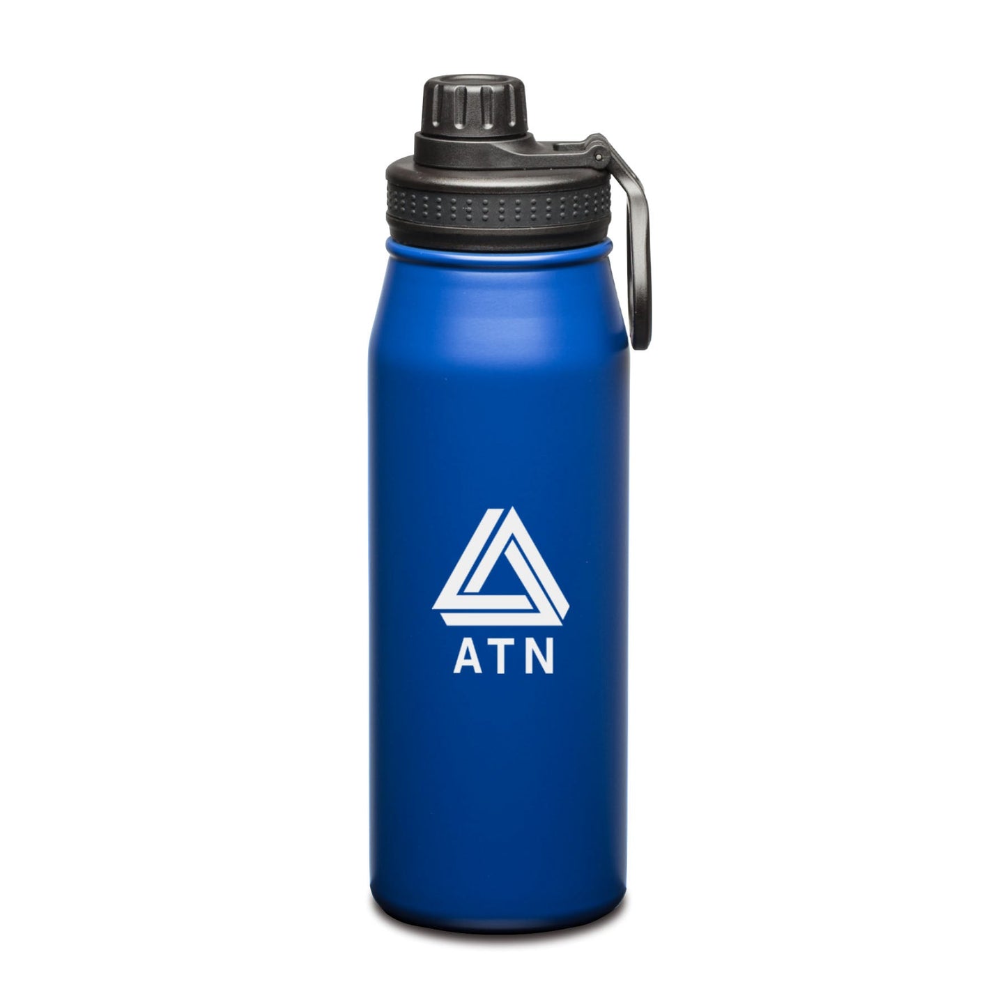 Royal blue stainless steel water bottle with black screw-on lid and handle, featuring a logo on the front.