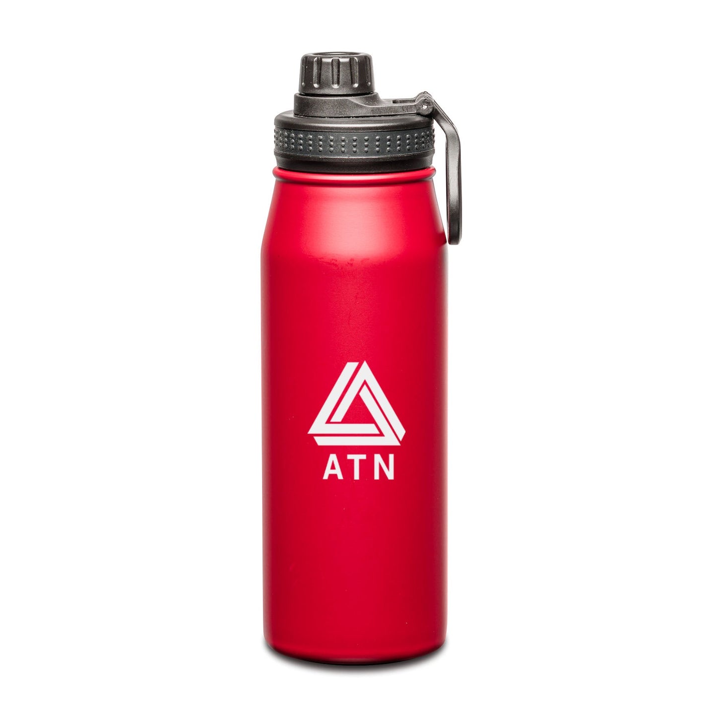 Red stainless steel water bottle with gray screw-on lid and handle, featuring a logo on the front.
