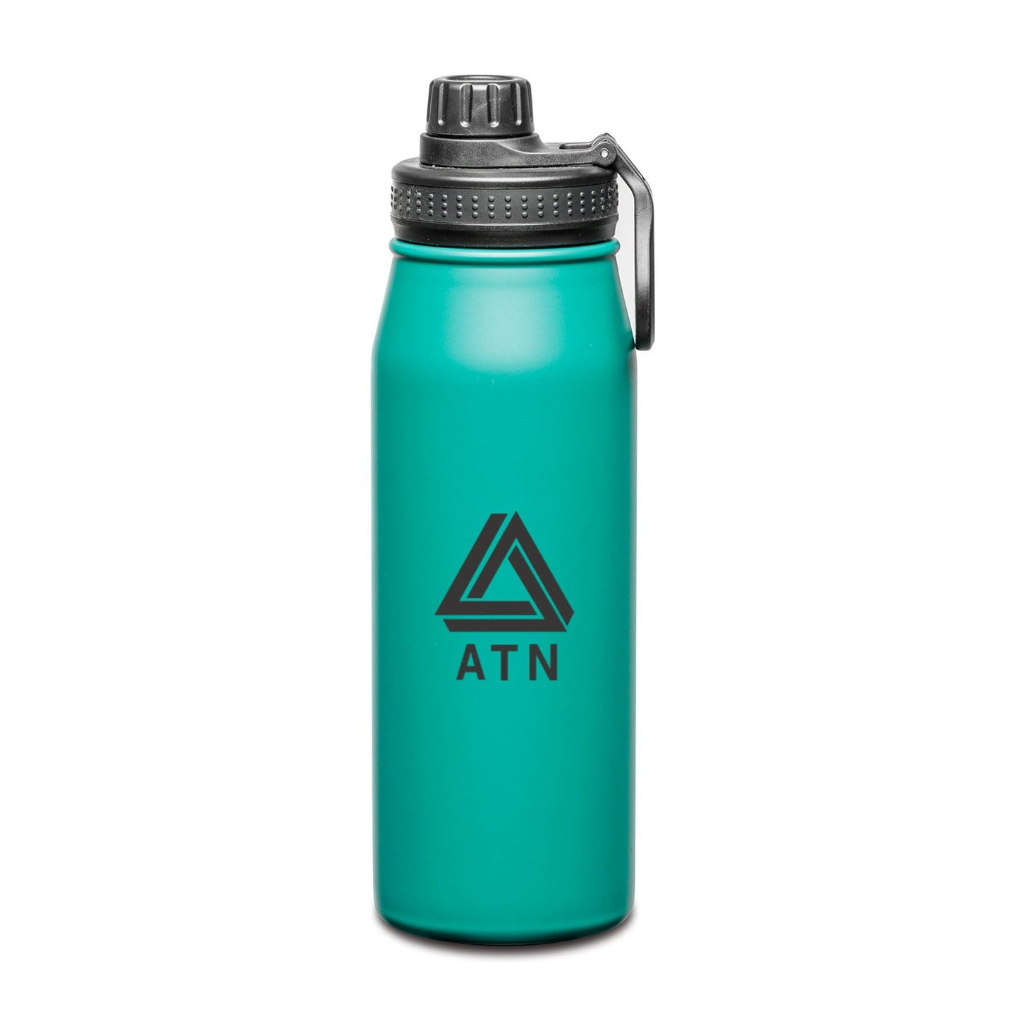 Teal stainless steel water bottle with gray screw-on lid and handle, featuring a logo on the front.