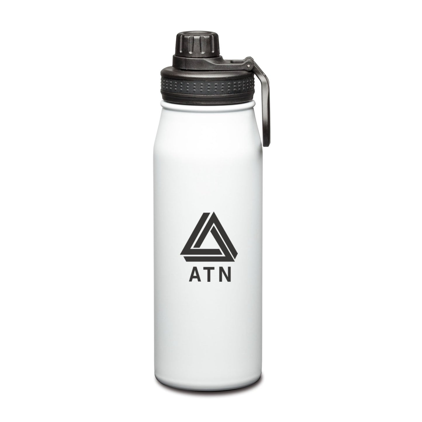 White stainless steel water bottle with black screw-on lid and handle, featuring a logo on the front.