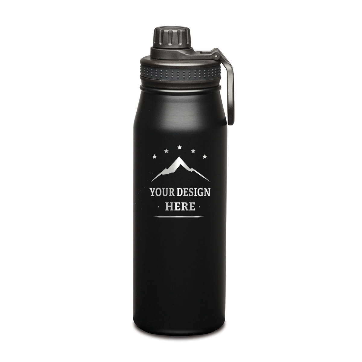 Black stainless steel water bottle with a black screw-on lid and a custom engraved design on the front