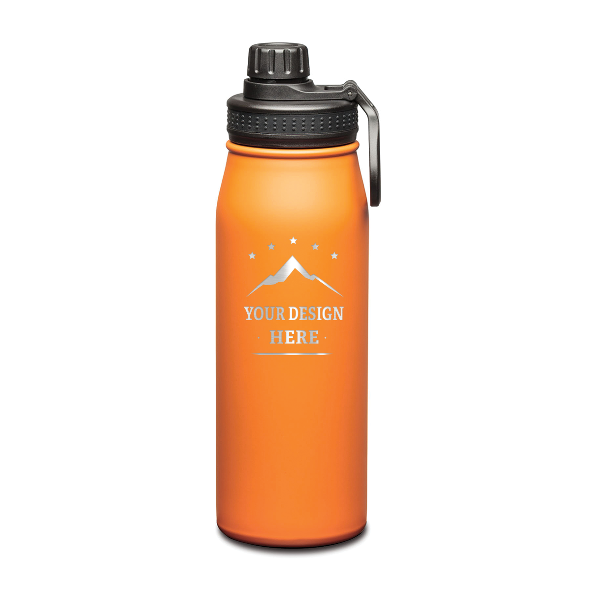 Orange stainless steel water bottle with a black screw-on lid and a custom engraved design on the front
