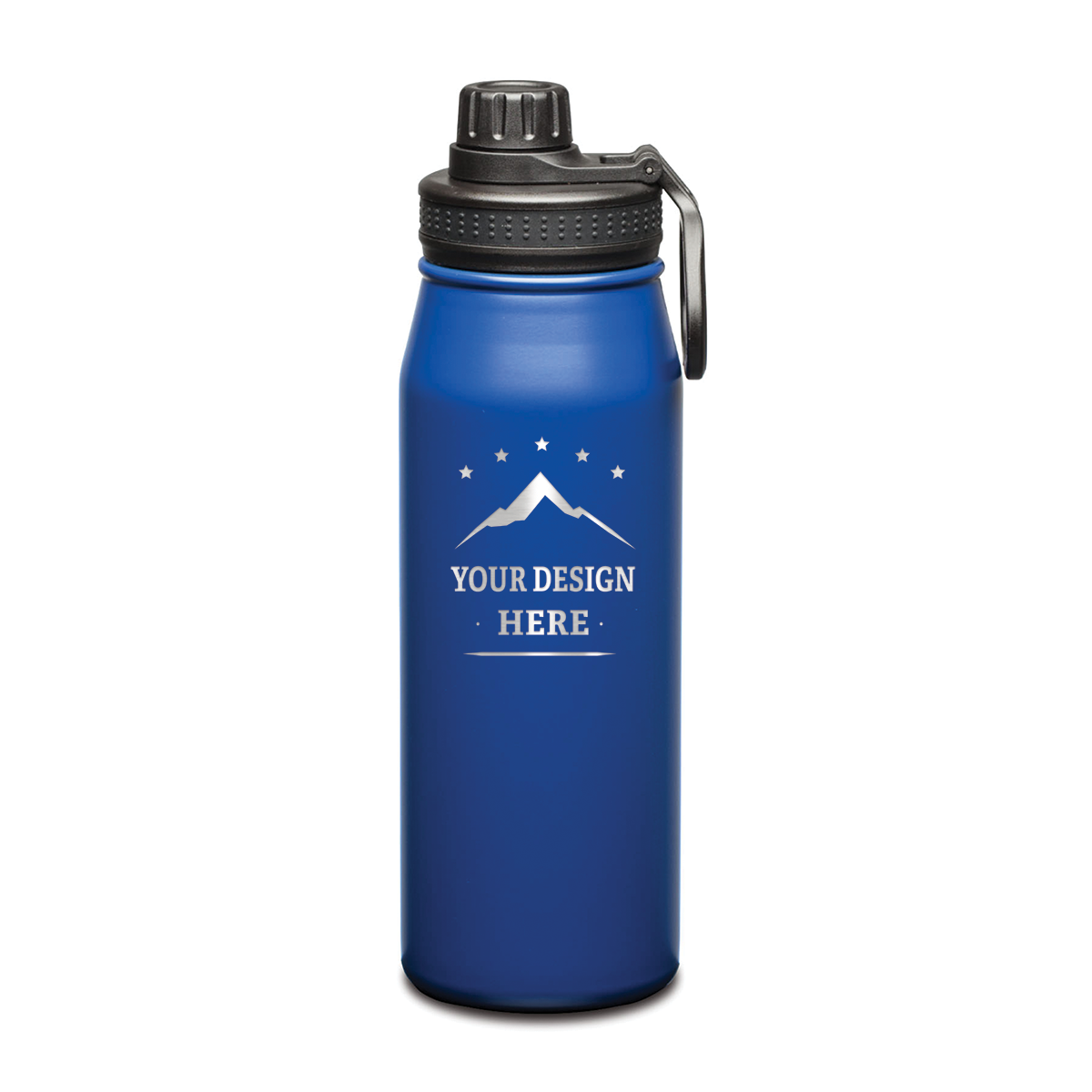 Royal blue stainless steel water bottle with black screw-on lid and custom engraved design on the front