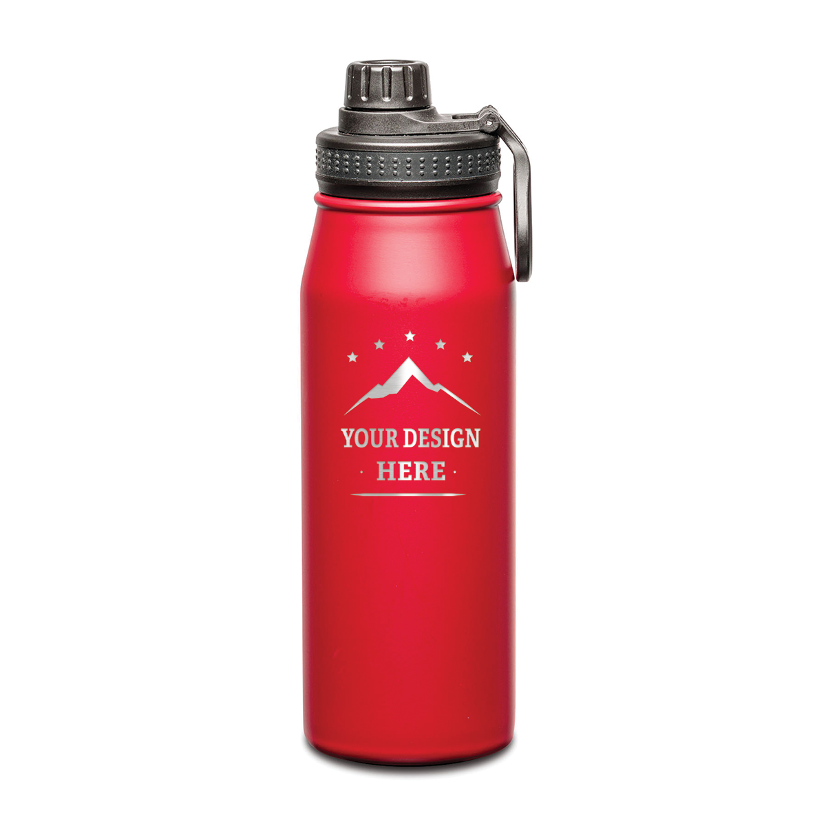 Red stainless steel water bottle with a black screw-on lid and a custom engraved design on the front
