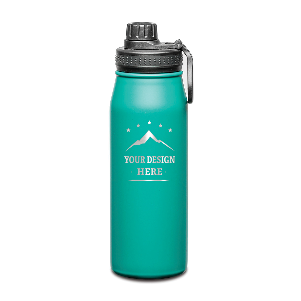 Teal stainless steel water bottle with black screw-on lid and custom engraved design on the front