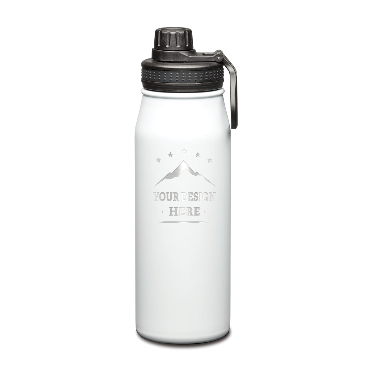White stainless steel water bottle with a black screw-on lid and a custom engraved design on the front