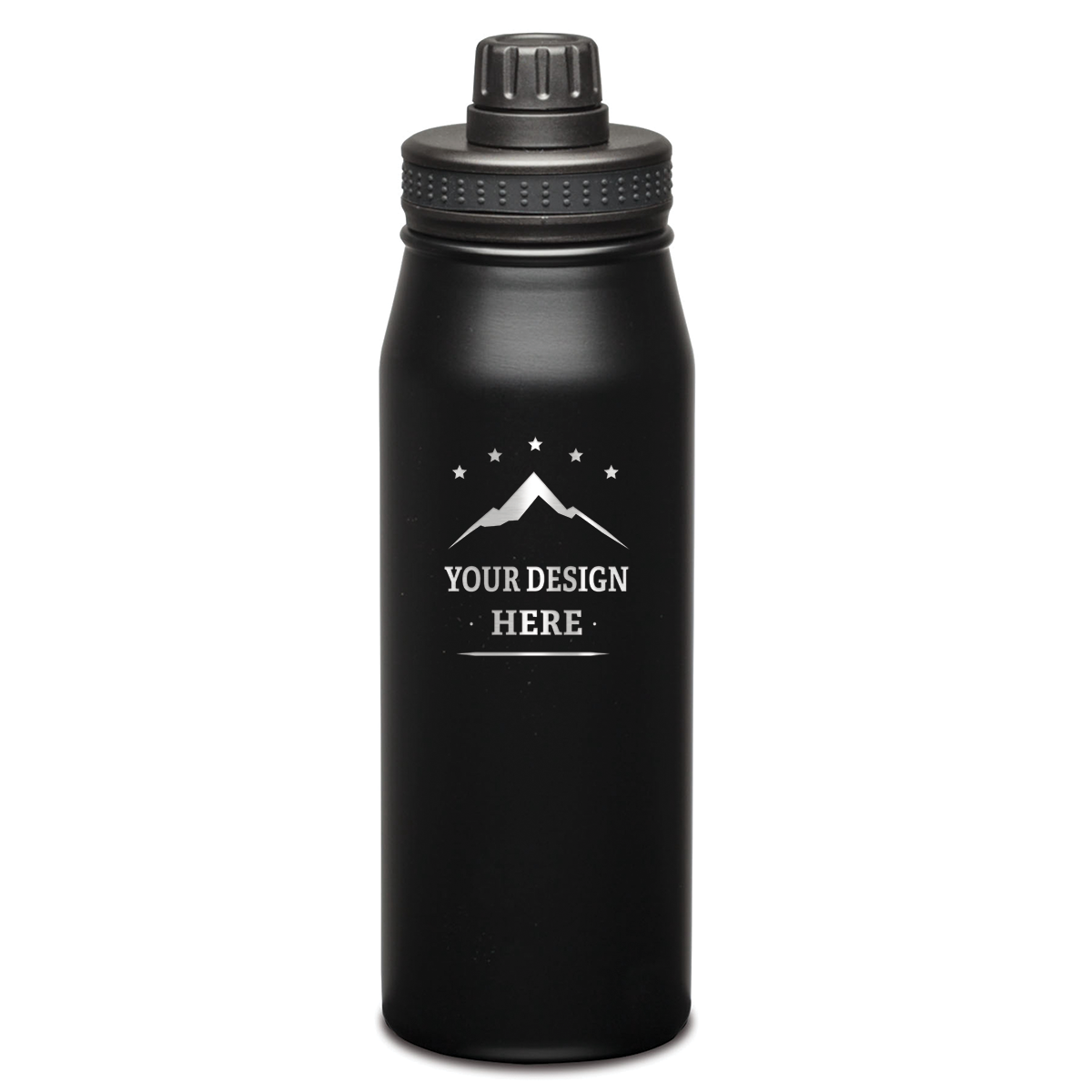Black stainless steel water bottle with a black screw-on lid and a custom engraved design on the front