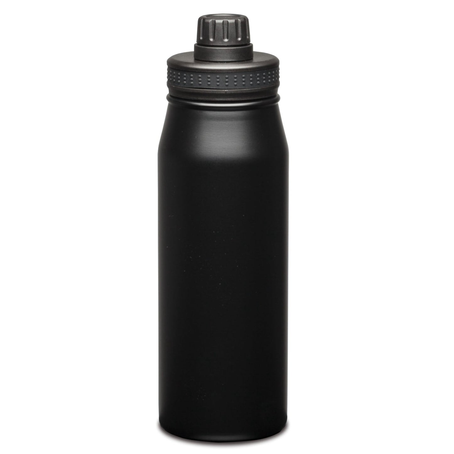 Matte black stainless steel water bottle with matching screw-on lid and textured grip band.