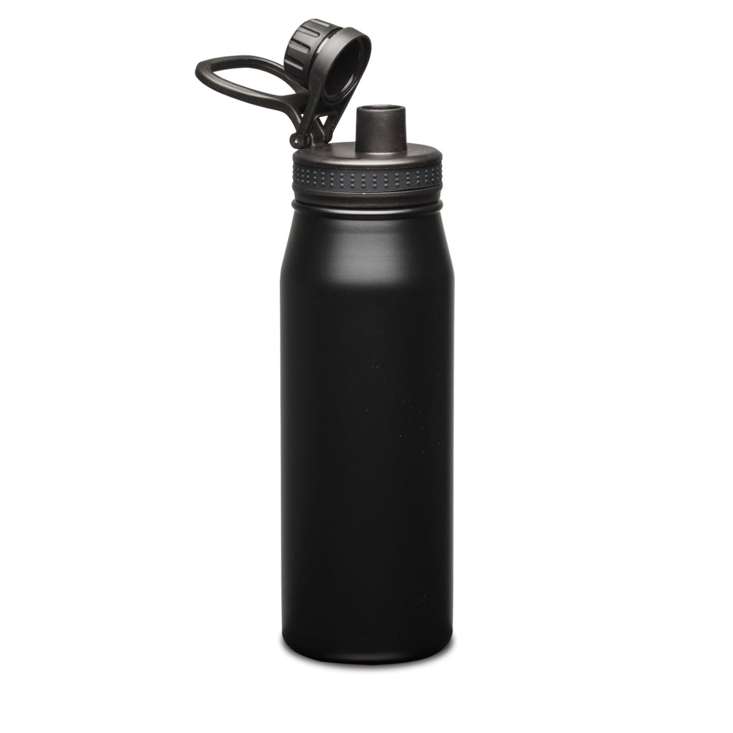 Matte black stainless steel water bottle with flip-top straw lid and textured grip band