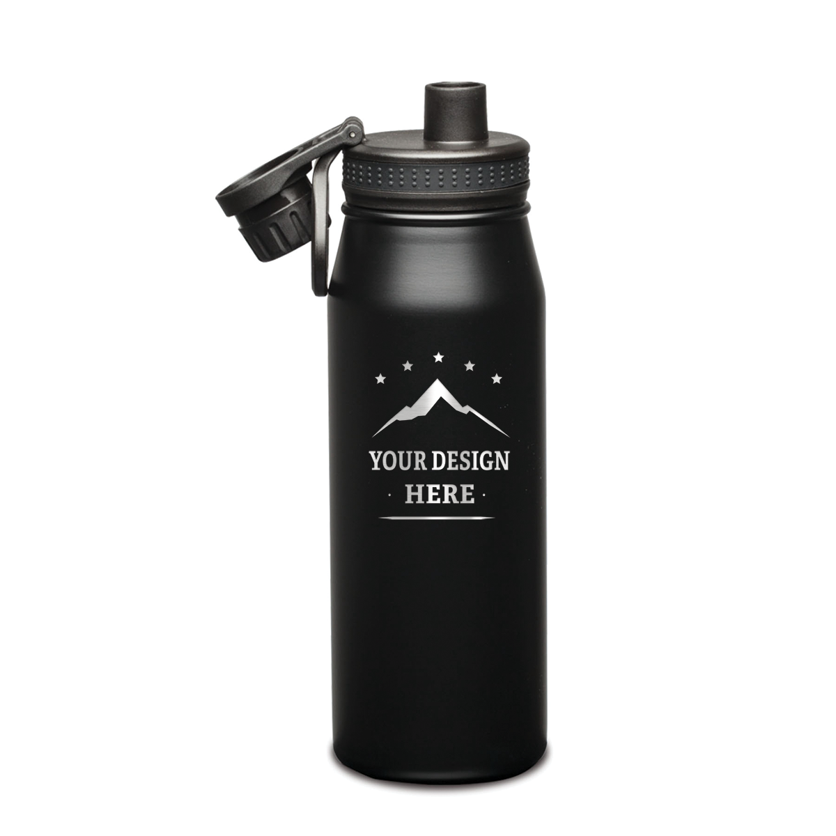 Matte black stainless steel water bottle with flip-top lid and custom engraved mountain design on the front.