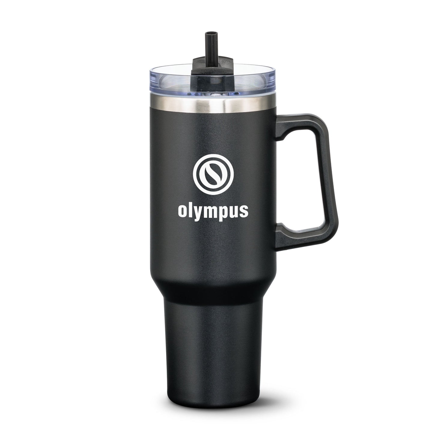 Black stainless steel travel mug with black handle and straw lid, featuring white Olympus logo on the front