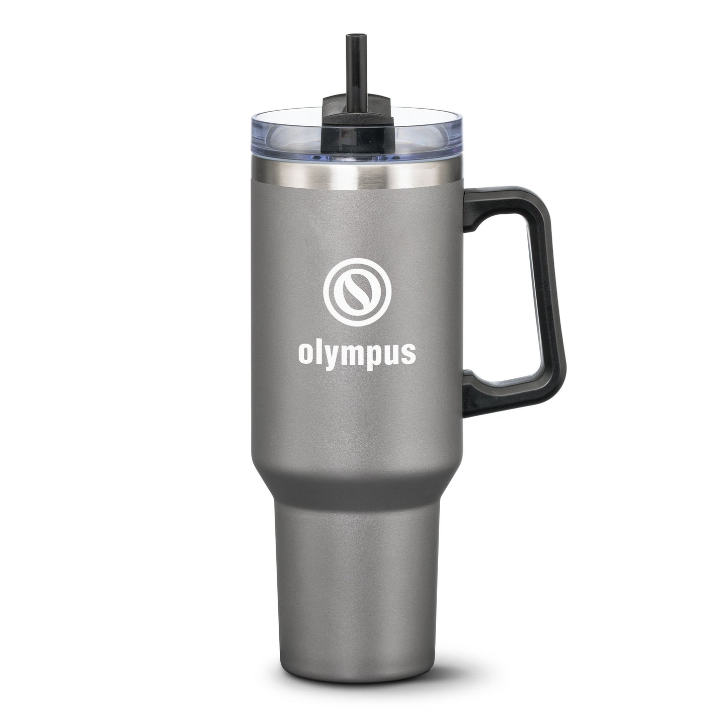 gray stainless steel travel mug with black handle and straw lid, featuring white Olympus logo on the front