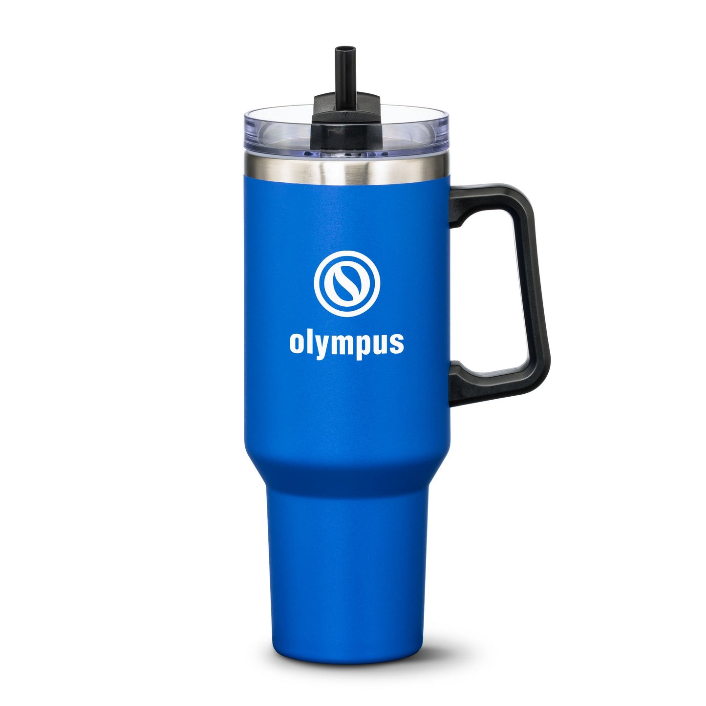 Blue stainless steel travel mug with black handle and straw lid, featuring white Olympus logo on the front