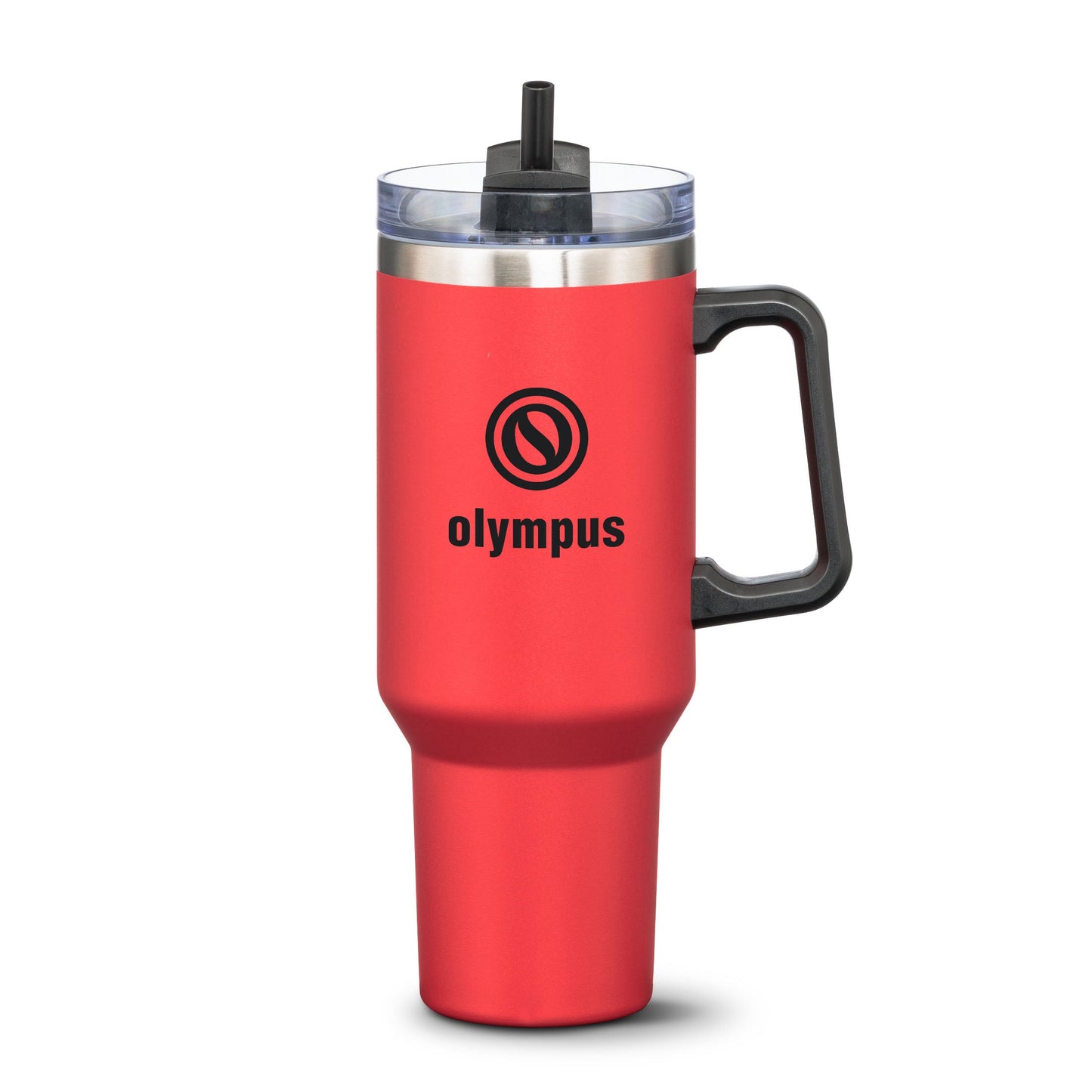 Red stainless steel travel mug with black handle and straw lid, featuring black Olympus logo on the front