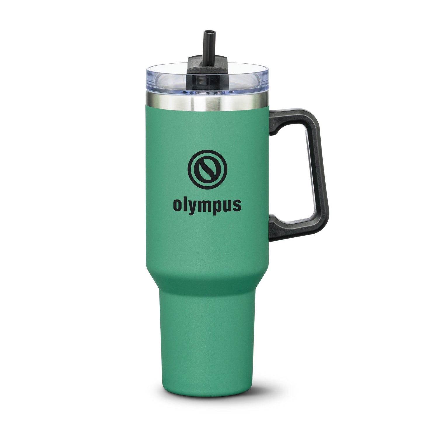 Green stainless steel travel mug with black handle and straw lid, featuring black Olympus logo on the front