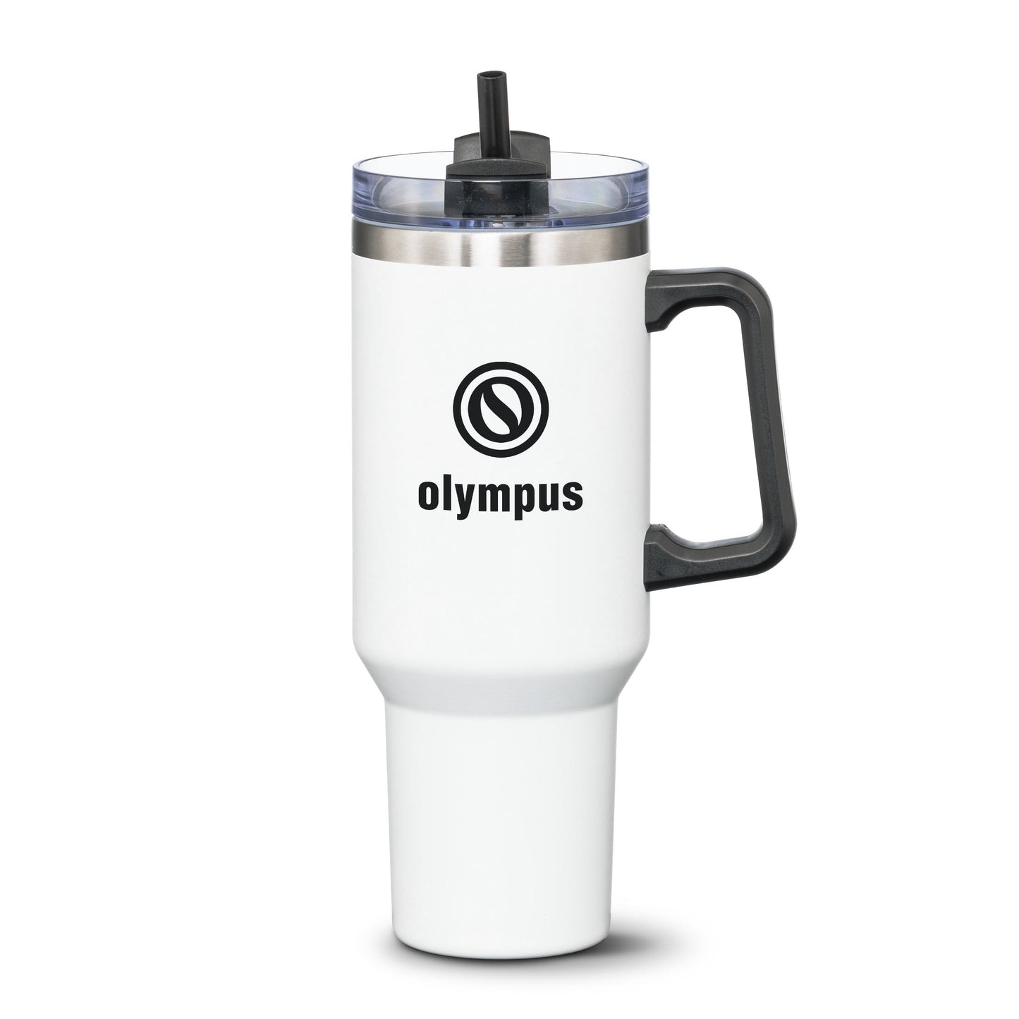 White stainless steel travel mug with black handle and straw lid, featuring Olympus logo on the front.