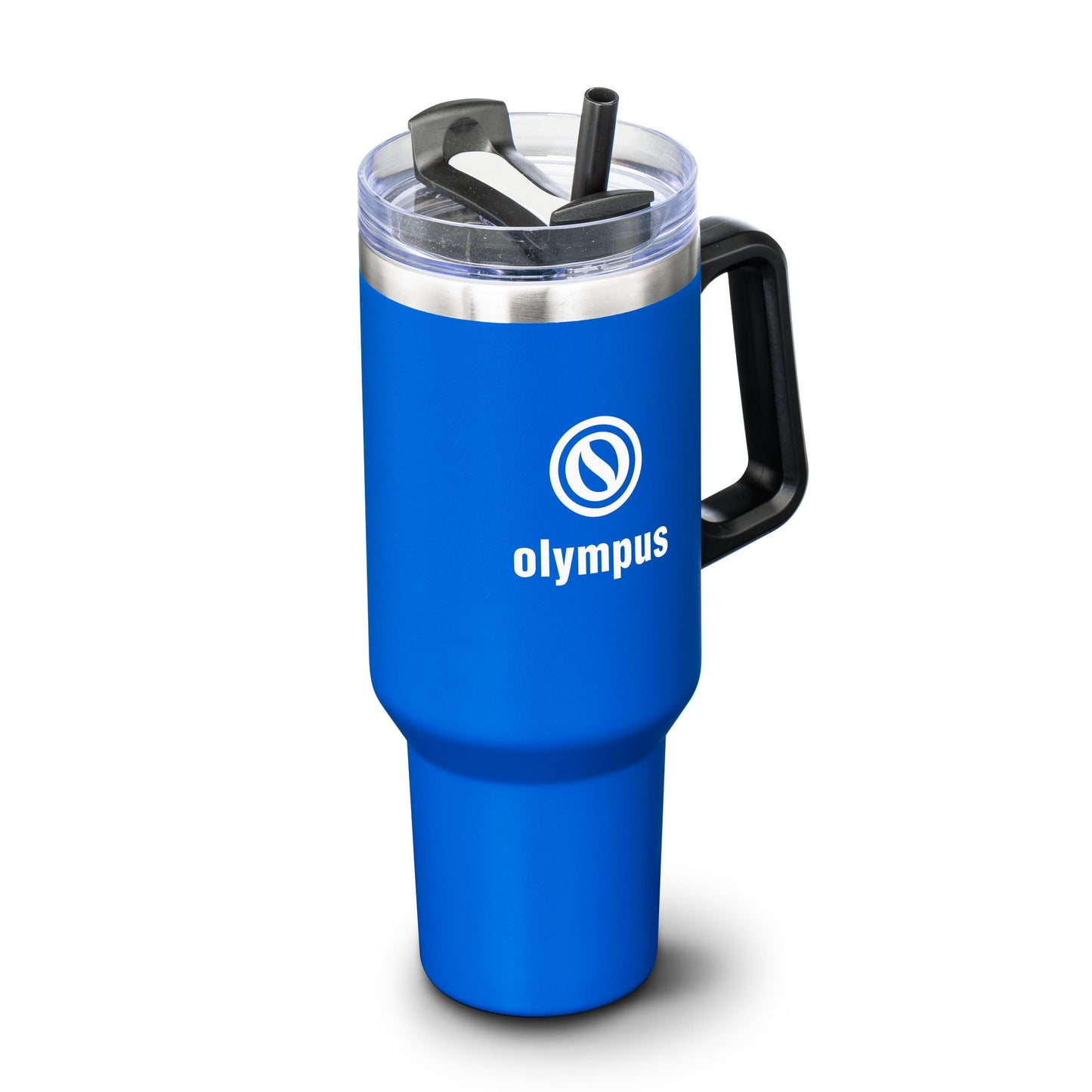 Blue stainless steel travel mug with black handle and straw lid, featuring white Olympus logo on the front