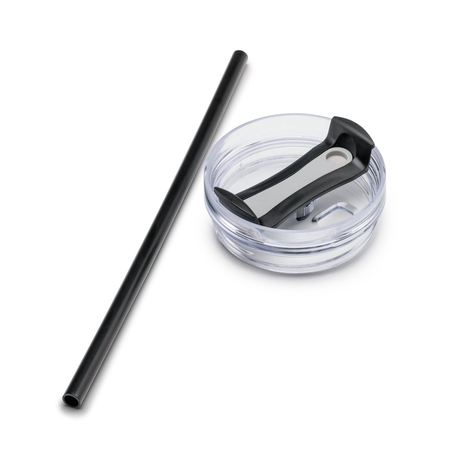 Clear plastic travel mug lid with black sliding closure, shown with matching black reusable straw