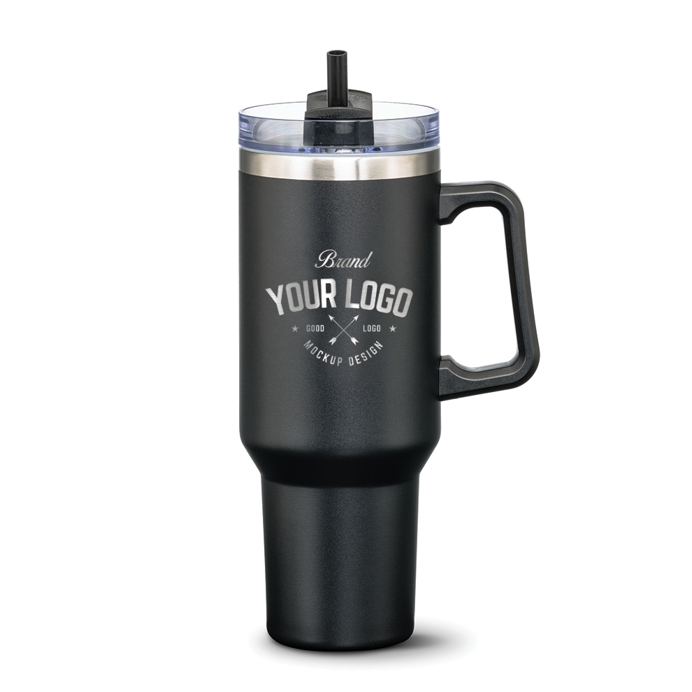 Black stainless steel travel mug with black handle and straw lid, featuring custom logo design on front