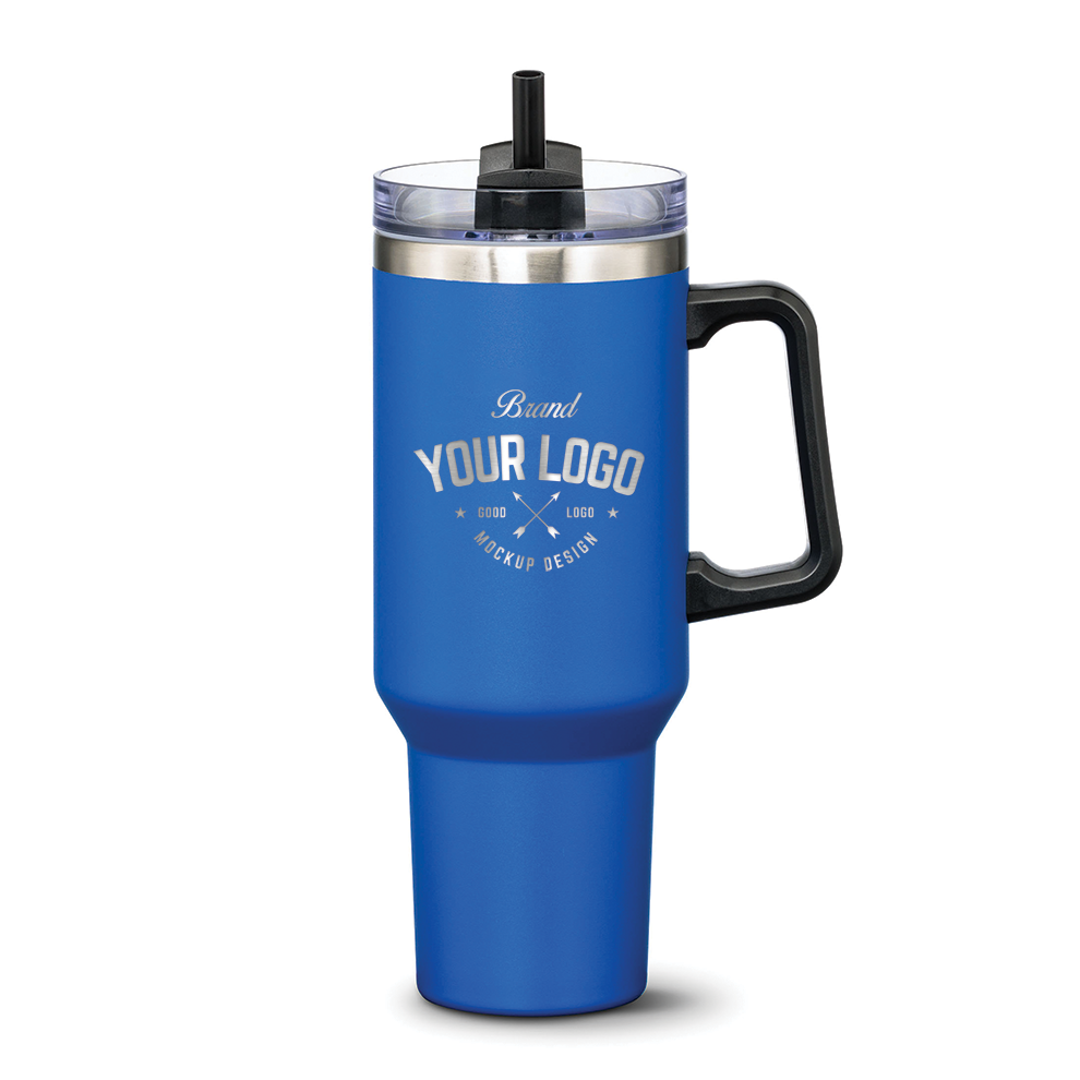 Blue stainless steel travel mug with black handle and straw lid, featuring custom logo design on front