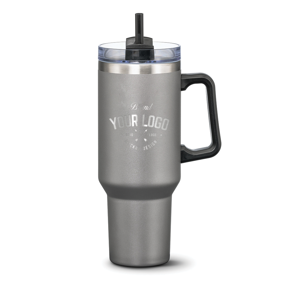 Gray stainless steel travel mug with black handle and straw lid, featuring custom logo design on front