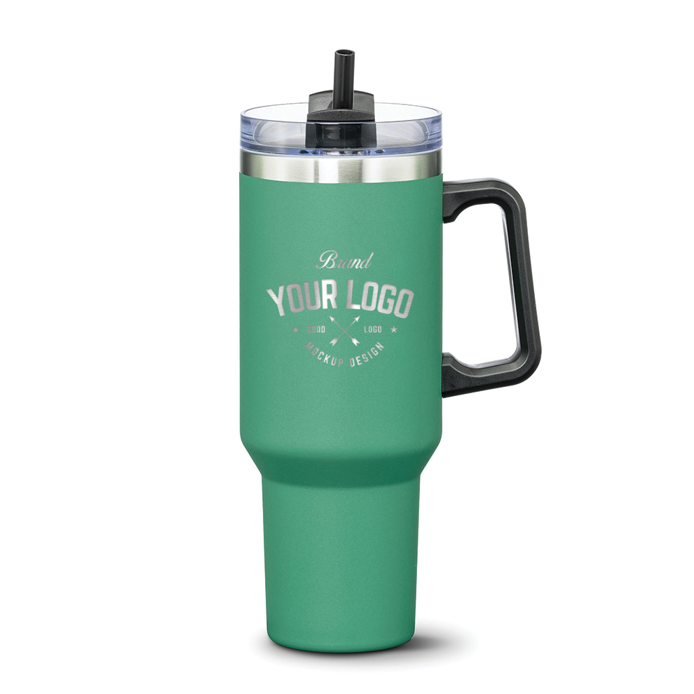 Green stainless steel travel mug with black handle and straw lid, featuring custom logo design on front