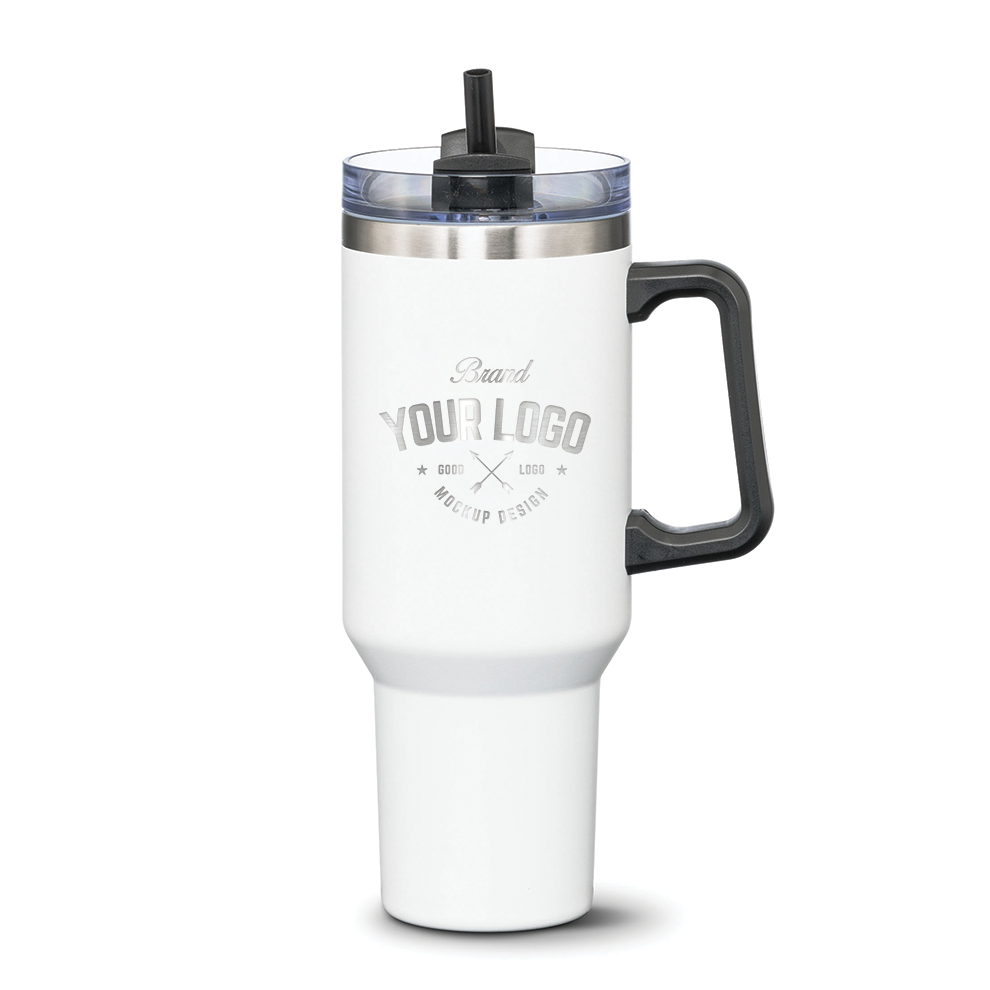 White stainless steel travel mug with black handle and straw lid, featuring custom logo design on front