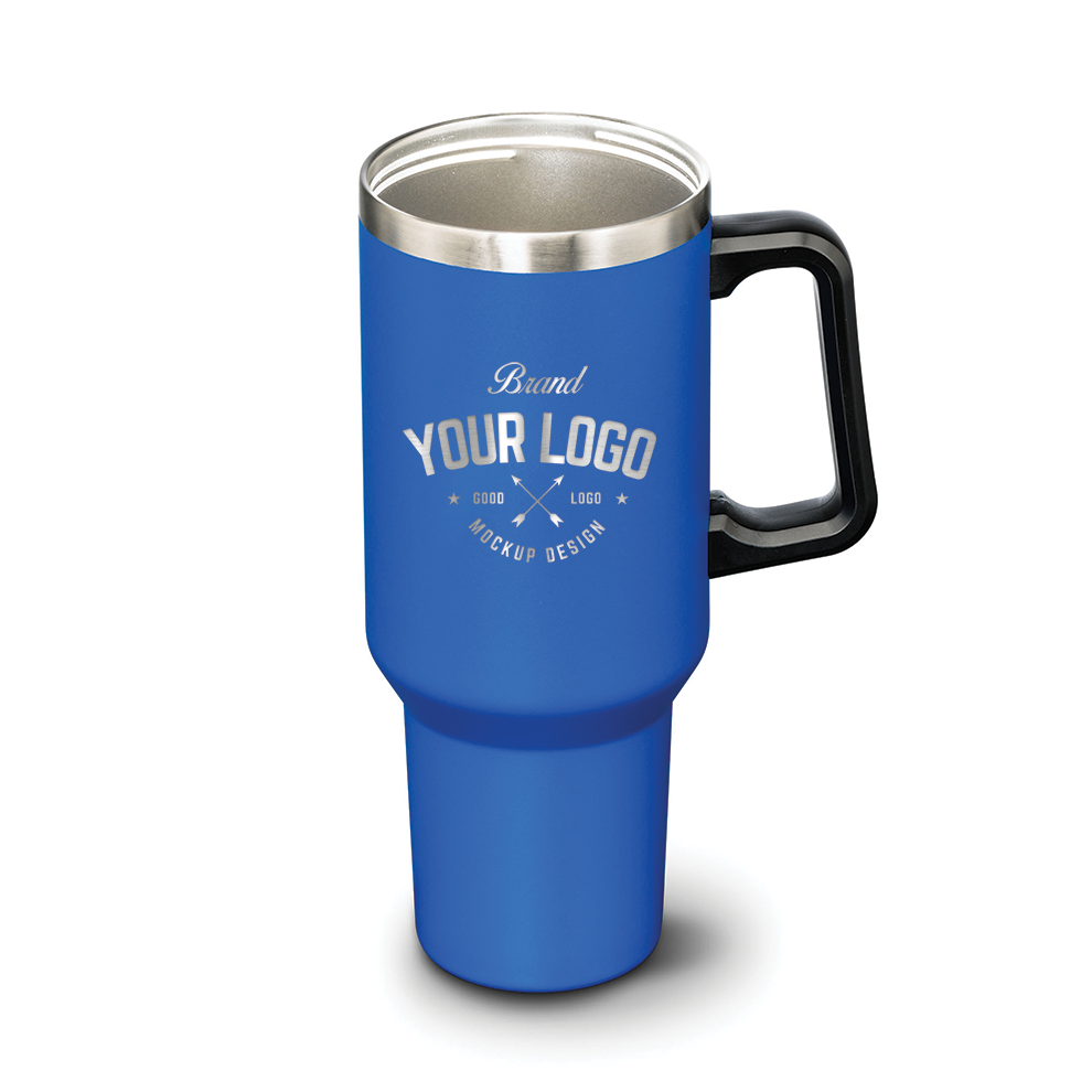 Blue stainless steel travel mug with black handle and open top, featuring custom logo design on front.