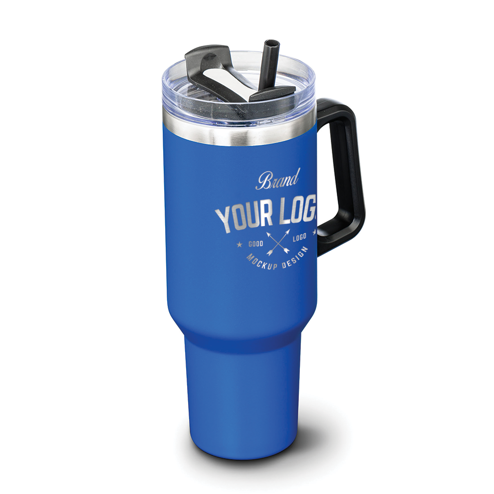 Blue stainless steel travel mug with black handle and straw lid, featuring custom logo design on front