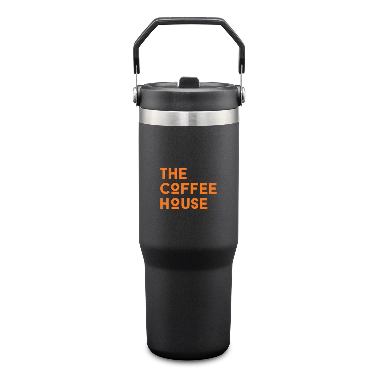 Black stainless steel tumbler with carrying handle and logo on the front
