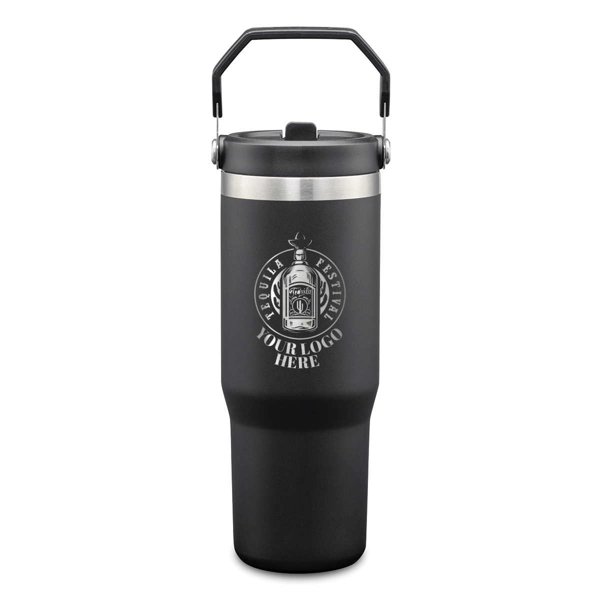 Black stainless steel tumbler with metal carry handle and engraved logo on front.