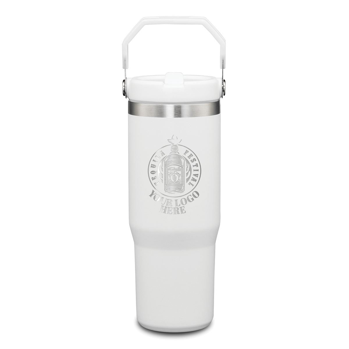 White stainless steel tumbler with metal carry handle and engraved logo on front.