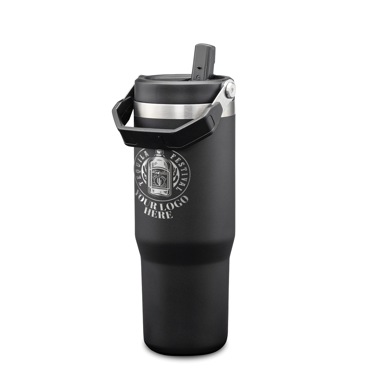 Black stainless steel tumbler with metal carry handle and engraved logo on front.