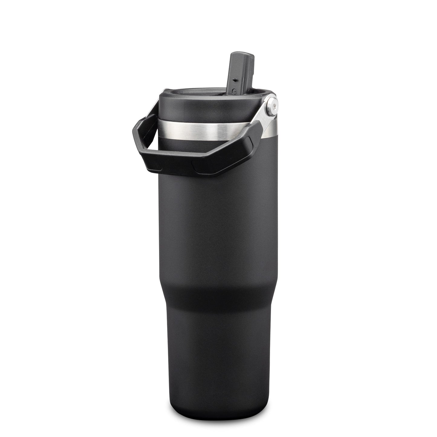 Matte black stainless steel tumbler with built-in handle and flip-up straw lid.