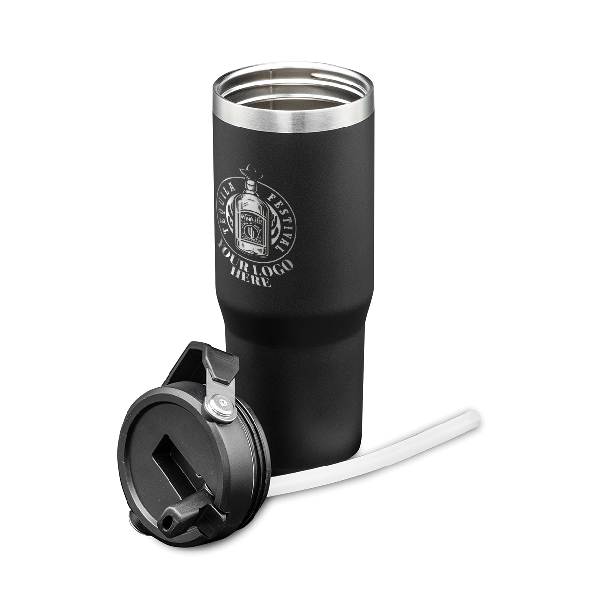 Black stainless steel tumbler with custom logo, shown with detached black lid and white straw.
